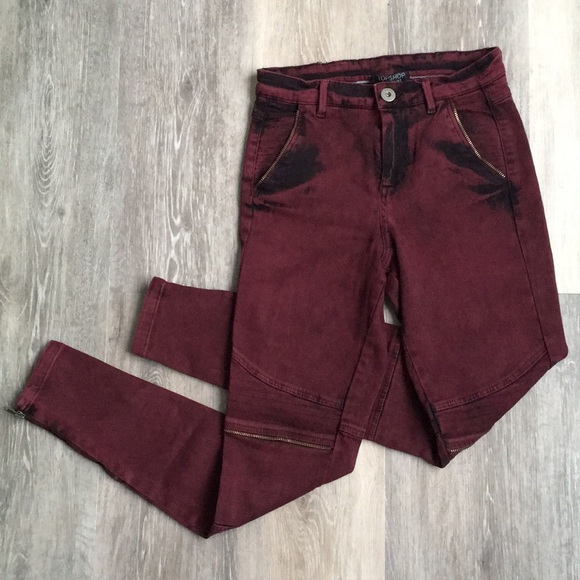 Topshop Denim - Topshop Maroon Moto Zipper Acid Jeans